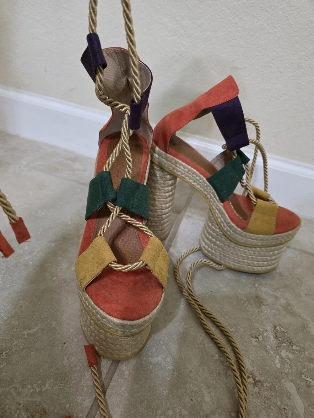 Vibrant Colorblock Platform Espadrille Lace-Up Sandals. US 6.5
